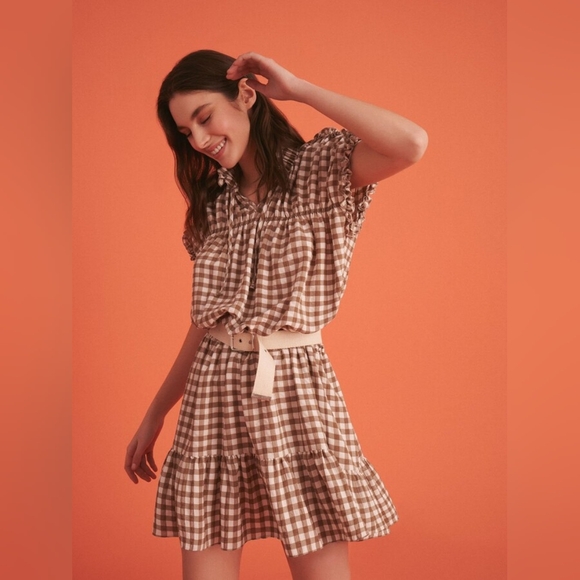Nocturne Ruched Plaid Gingham Mini Dress XS Brown White Ruffle Tiered - Picture 1 of 9